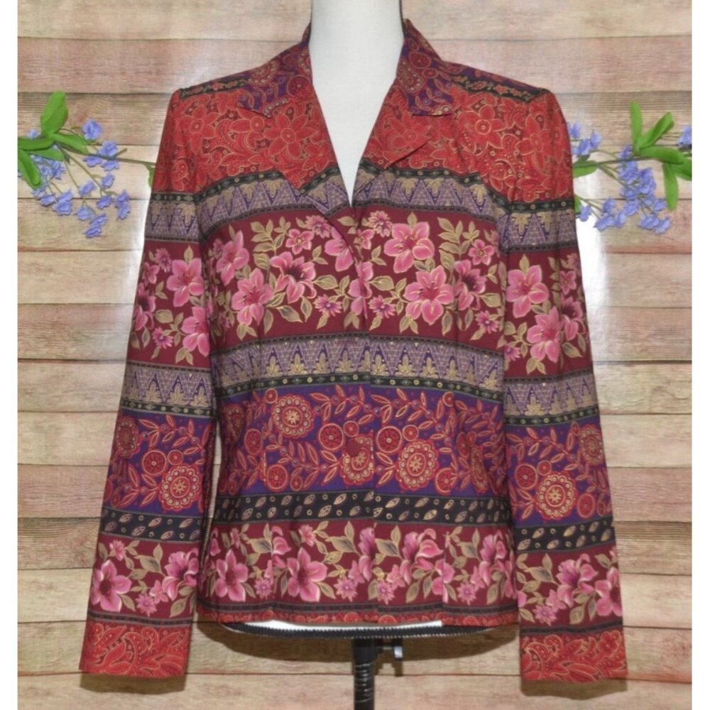Koret Vintage Maroon Lightweight Blazer Jacket Size 8 Mixed Geo Floral Print